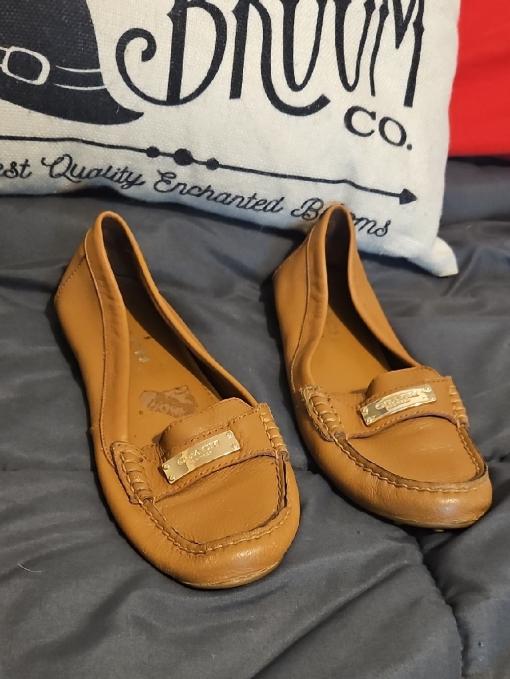 Coach Federica Women’s Tan Leather Moccasin Loafers with Gold Accent